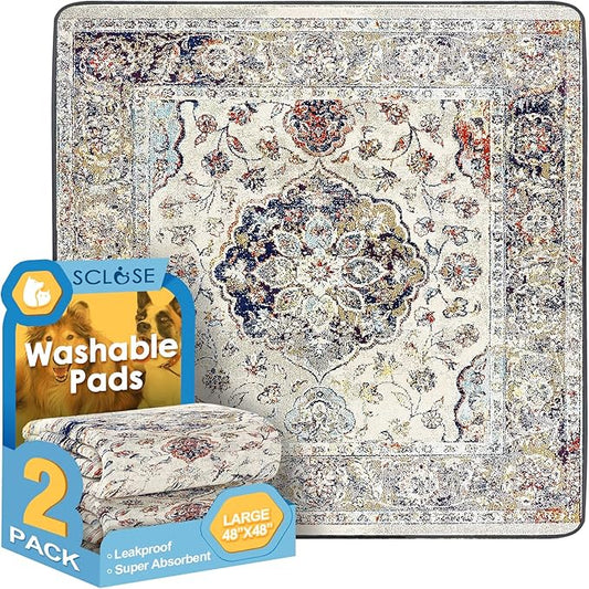 Washable Pee Pads for Dogs Large 2 Pack, 48" x 48" Reusable Puppy Pads Waterproof Dog Rugs, Super Absorbent, Leakproof, Dog Crate Pad, Playpen Mat, Whelping Pads, Vintage Medallion
