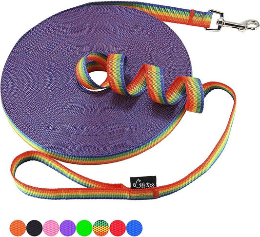 Hi Kiss Dog/Puppy Obedience Recall Training Agility Lead - 15ft 20ft 30ft 50ft 100ft Training Leash - Great for Training, Play, Camping, or Backyard (15 Feet, Rainbow)