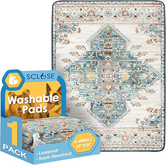 Washable Pee Pad for Dogs, 32" x 24" Reusable Puppy Pads Waterproof Dog Rugs, Super Absorbent, Leakproof, Dog Crate Pad, Playpen Mat, Whelping Pads, Blue Medallion