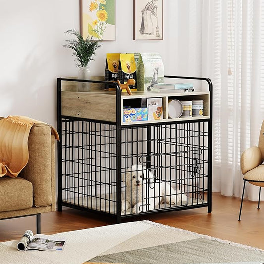 Small Dog Crate Furniture with Drawers Storage, Puppy Dog Kennel Indoor with Double Doors, Heavy Duty Wooden Dog Cage Table, Sturdy Metal, Gray