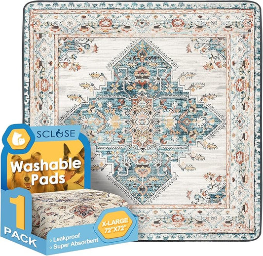 Washable Pee Pad for Dogs Extra Large, 72" x 72" Reusable Puppy Pads Waterproof Dog Rugs, Super Absorbent, Leakproof, Dog Crate Pad, Playpen Mat, Whelping Pads, Blue Medallion