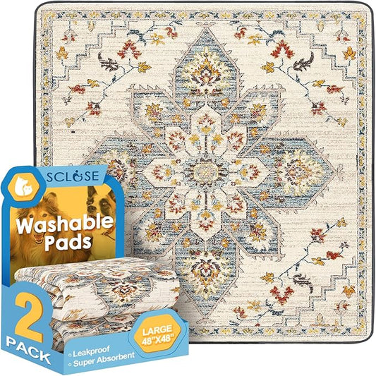 Washable Pee Pads for Dogs Large 2 Pack, 48" x 48" Reusable Puppy Pads Waterproof Dog Rugs, Super Absorbent, Leakproof, Dog Crate Pad, Playpen Mat, Whelping Pads, White Medallion