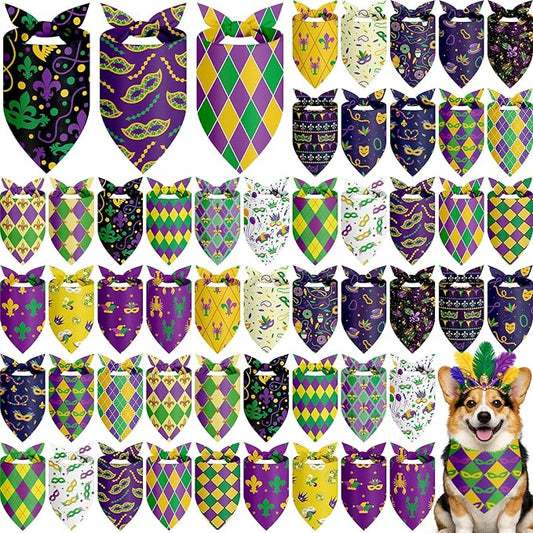 Abbylike 50 Pcs Mardi Gras Dog Bandanas Bulk Purple Green and Gold Bandanas for Dogs Triangle Kerchief Bibs Scarf Set for Pet Carnival Costume Photo Props Accessories Shops (25.6 x 17.7 x 17.7)