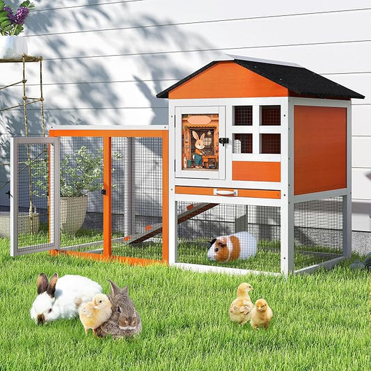 48" L Rabbit Hutch Outdoor Indoor, Expandable 2-Story Large Wooden Bunny Cage with Run, Removale Tray, Top-Opening Waterproof Roof, 2 Doors, DIY Drawing Board, Orange + Colorful Pattern