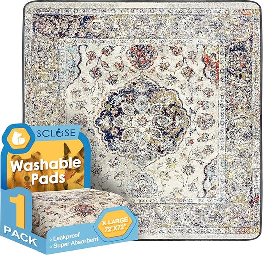 Washable Pee Pad for Dogs Extra Large, 72" x 72" Reusable Puppy Pads Waterproof Dog Rugs, Super Absorbent, Leakproof, Dog Crate Pad, Playpen Mat, Whelping Pads, Vintage Medallion