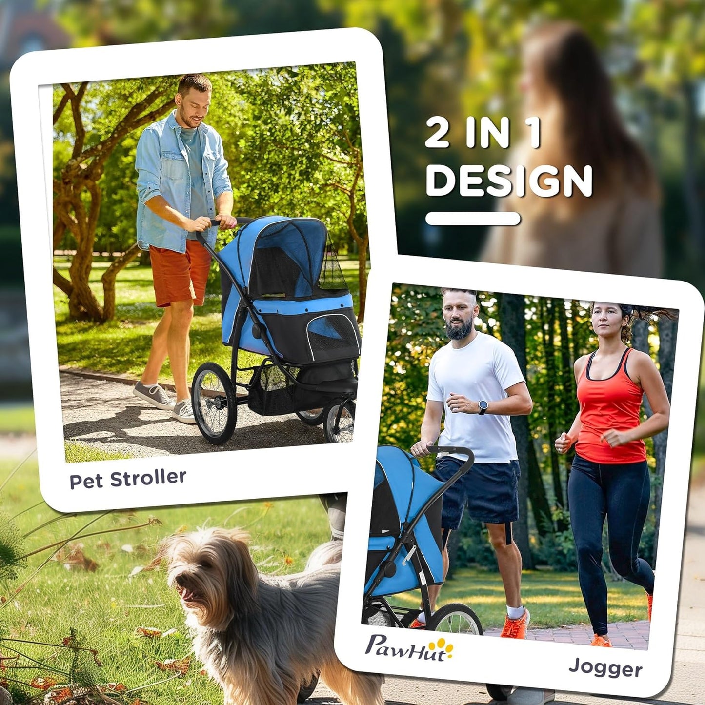 PawHut 3 Wheels Pet Stroller for Small and Medium Dogs, Foldable Cat Stroller Jogger with Adjustable Canopy, Safety Tether, Cushion, Storage Basket, Blue
