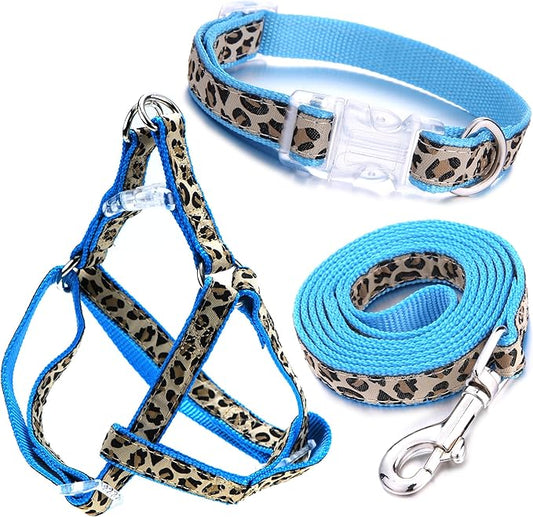 Mile High Life Leopard Dog Harness Collar Leash Set, Adjustable No Pull Dog Halter Harness for Small Breed Dogs, Easy Control for Training Walking (Blue, XS Chest 9"-15", Neck 8"-12")