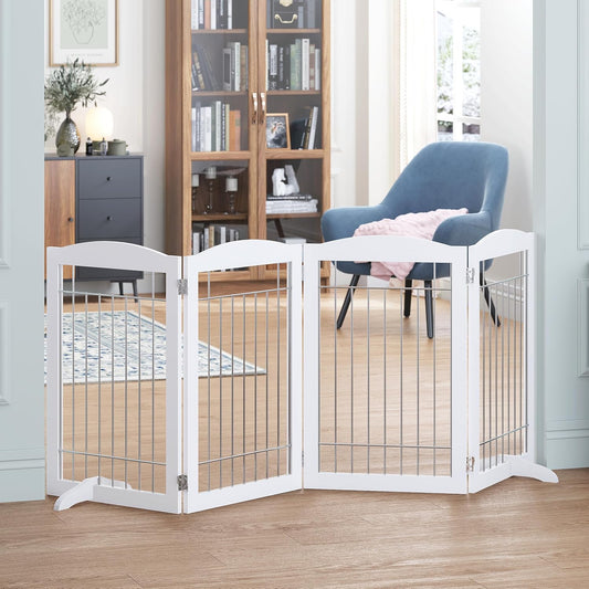 Spirich Free Standing Foldable Wire Pet Gate for Dogs, 80 Inches Extra Wide, 30 Inches Tall 4 Panels Dog Gate for The House, Doorway, Stairs, Pet Puppy Safety Fence, Sliver White