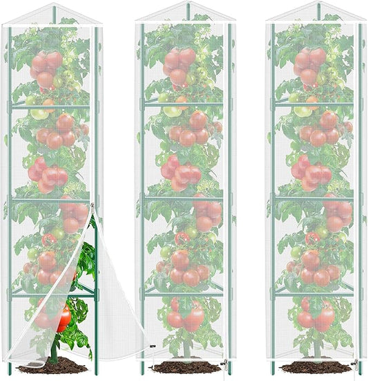 3 Pack Garden Bird Netting Plant Cover for Triangle Tomato Cage, 48"x13" Insect Bird Barrier Tomato Cage Net with Zipper & Drawstring, Tomato Trellis Netting Protection Cover for Protecting Plants