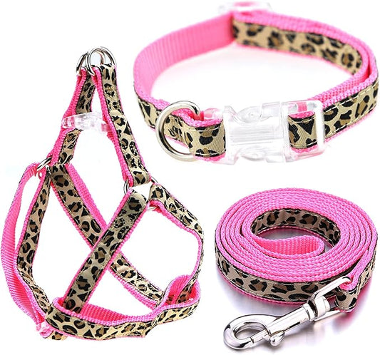 Mile High Life Leopard Dog Harness Collar Leash Set, Adjustable No Pull Dog Halter Harness for Small Breed Dogs, Easy Control for Training Walking (Pink, XS Chest 9"-15", Neck 8"-12")