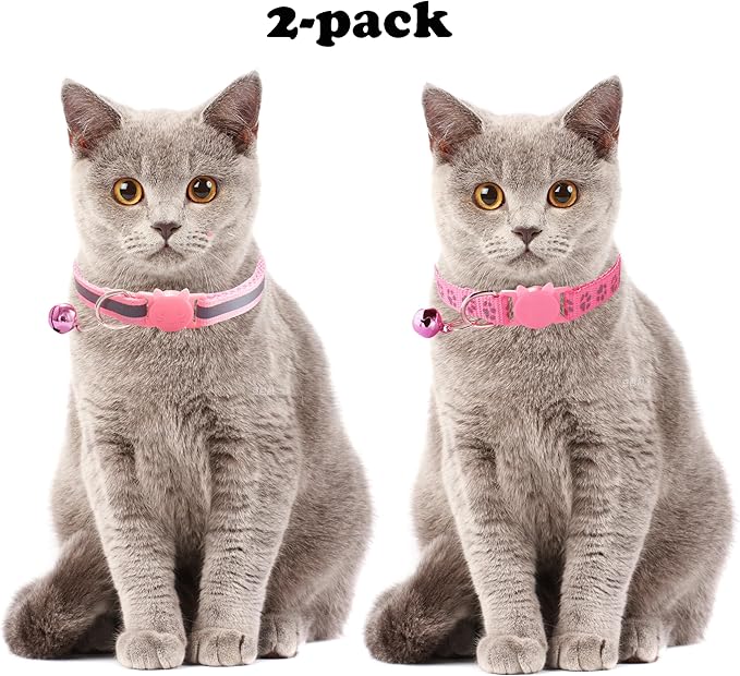 FluorescentCat Collar with Bells, [2 Pack] Hot Pink Break Away Kitten Collar with Bells, Breakaway Cat Collar for Girl Cats Kitty