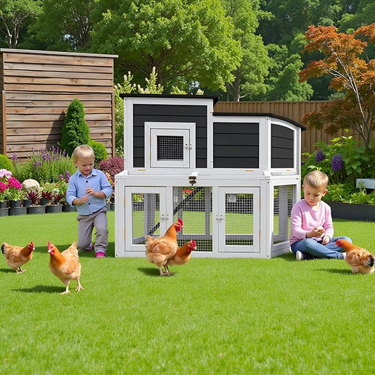 Chicken Coop Outdoor Wooden for 2-4 Chickens with Asphalt Waterproofing Roof, Runways, Pull-Out Trays and Openable Top for Backyard and Indoor (Black and White)