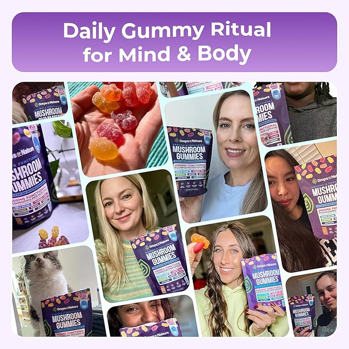 Ashwagandha Gummies and Lions Mane Mushroom Gummies Supplement - Organic - Reishi, Cordyceps, Turkey Tail, Maitake, Shitake, Chaga - Immune Defense, Boosts Cognitive Performance, Vegan, Low Carb