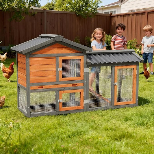 Chicken Coop Outdoor 2-Tier Hen House All Weather Cage Rabbit Hutch Pet Hideout with Ramp,Waterproof Roof and Pull-Out Tray for Small Medium Animals Expandable Design (Red)