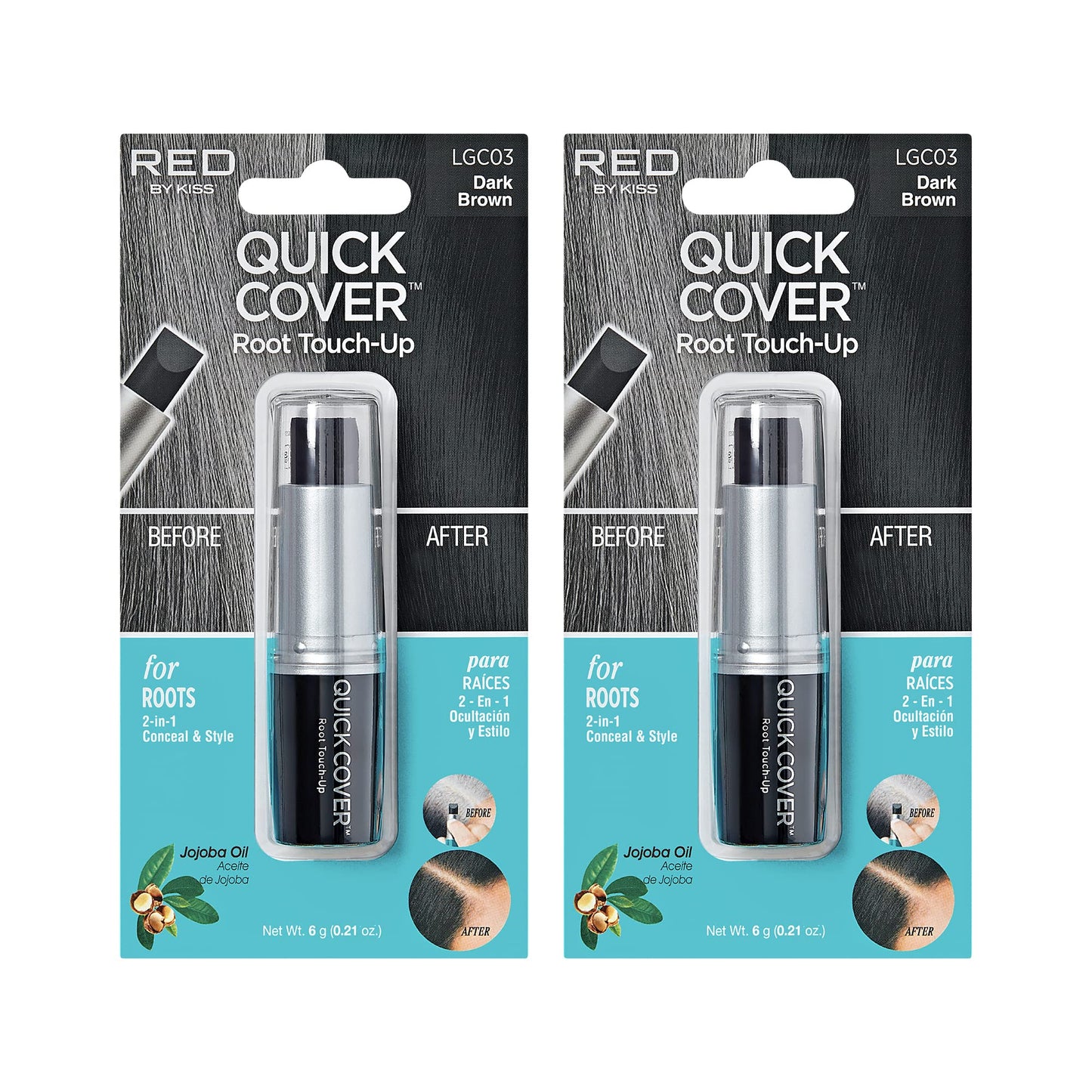 Red By Kiss Quick Cover Root Touch Up Stick Type 2Pcs Water-Resistant Temporary Gray Concealer Cover Up Brush For Hair And Beard