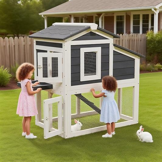 Bunny Cage Premium Rabbit Hutch with Leak-Proof Roof, 2-Story Bunny House for Guinea Pigs & Hamster,Wooden Chicken House with Deep Pull-Out Tray, Waterproof Chicken Coop for Outside