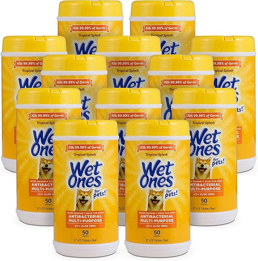 Wet Ones for Pets Antibacterial Dog Wipes, Multi-Purpose Grooming Wipes with Aloe Vera for Paws, Face & Body, Easy Cleanups Between Baths, Tropical Splash Scent, 5.7 in x 7.5 in, 50 Count - 12 Pack