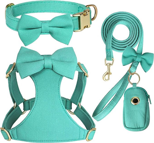 Beirui Adorable Small Dog Harness Collar Leash Set,Cute Puppy Harness with 3 Bows for XS Dogs,Yorkie,Adjustable Step-in Vest for Walking,Parties&Holiday Outfits(Teal,XS)