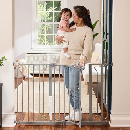 Regalo Safety 29-49" Easy Step Extra Wide Baby Gate for Doorways & Bottom of Stairs, Pressure Mounted Safety Gate with Door for Babies, Toddlers & Pets, Platinum