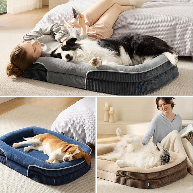 Bedsure XL Orthopedic Dog Beds Large Sized Dog - 360° Oval Bolster Large Dogs Bed for Senior Dogs with Waterproof Washable Cover, Extra Large Comfort Pet Sofa Couch with Ultra-Soft Fleece, Beige, 42"