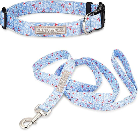 Lucky Love Dog Dog Collar, Leash Set Large, Premium, Cute and Adjustable Collars for Male and Female Dogs, Winterblue Combo, Large