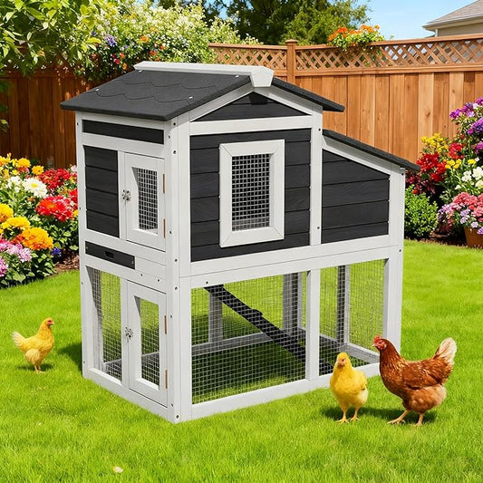 Chicken Run Coop, Wooden Duck Coop Outdoor 2-Tier Hen House All Weather Used Poultry Quail Cage Rabbit Hutch Pet Hideout with Ramp for Small Medium Animals(Grey)