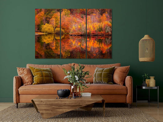Nature Wall Art Prints - Ocean Forest Mountain Lake Canvas Landscapes - Small to Extra Large Living Room Bedroom Kitchen Bathroom Décor (Autumn Forest with Lake, 35L" x 53W" - 3 Panels)