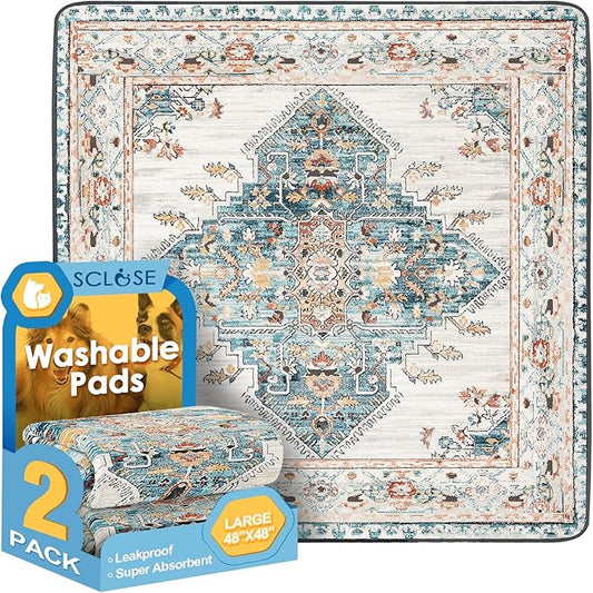 Washable Pee Pads for Dogs Large 2 Pack, 48" x 48" Reusable Puppy Pads Waterproof Dog Rugs, Super Absorbent, Leakproof, Dog Crate Pad, Playpen Mat, Whelping Pads, Blue Medallion