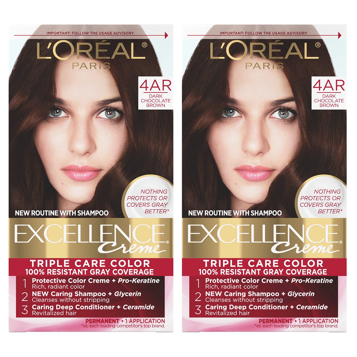 L'Oreal Paris Excellence Creme Permanent Hair Color, 4Ar Dark Chocolate Brown, 100 Percent Gray Coverage Hair Dye, Pack Of 2