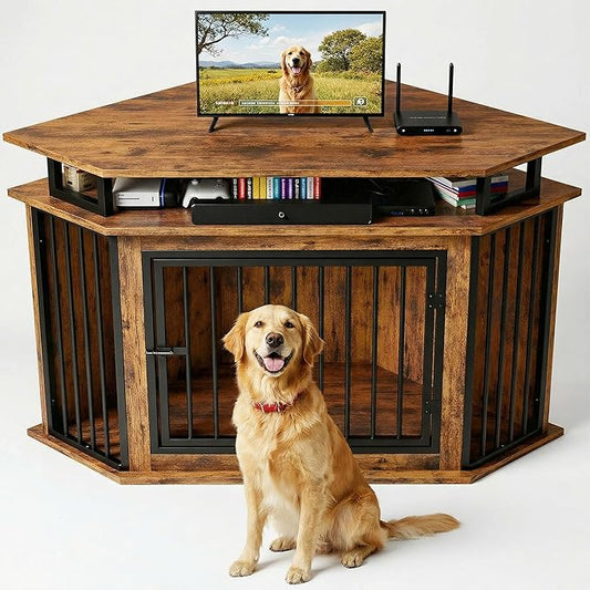 IRONCK Corner Wooden Dog Crate Furniture with 2-Tier Shelves, Pet Kennel for Large Dogs, Space-Saving Dog Cage for TV Stand, Rustic Brown (26.7" L x 51.2" W x 33.5" H)
