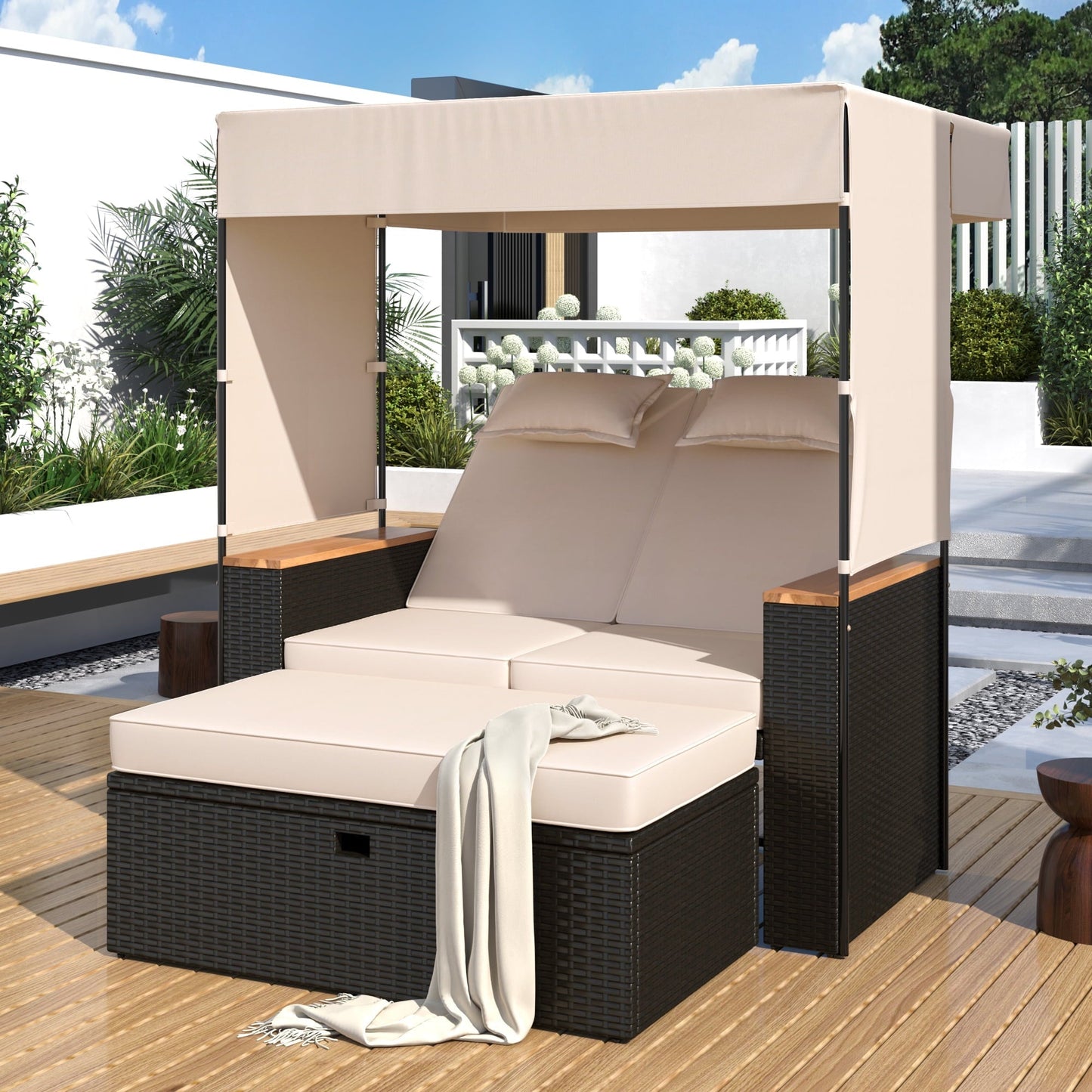 Euroco Outdoor Rattan Daybed with Adjustable Canopy and Backrest, Convertible Lounge Chair with Ottoman Bench & Cushions, PE Wicker Patio Recliner for Garden, Deck, Poolside