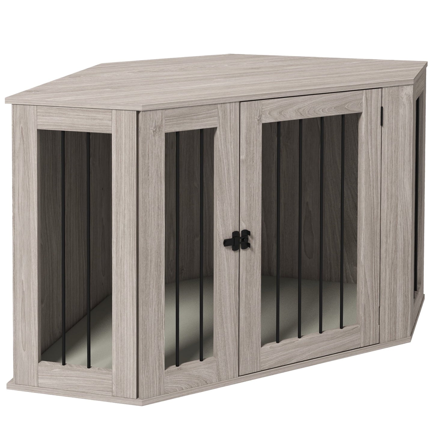 Noaman PawHut Corner Dog Crate Furniture, End Table Kennel for Large Dogs Up to 66lbs, 47.75"L x 24"W x 27.75"H, Walnut Brown with Cushion