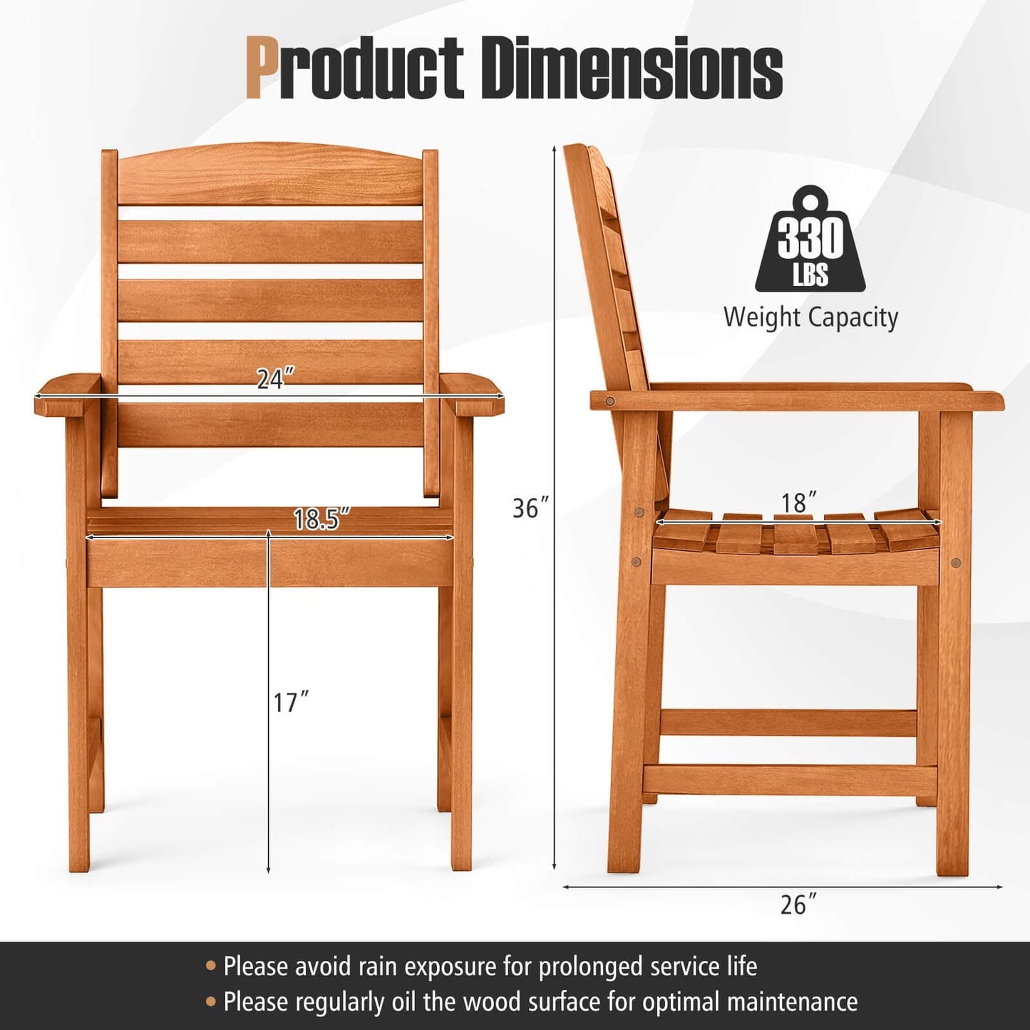 Costway Patio Chairs Set of 2 with Inclined Backrests and Slatted Seats for Deck