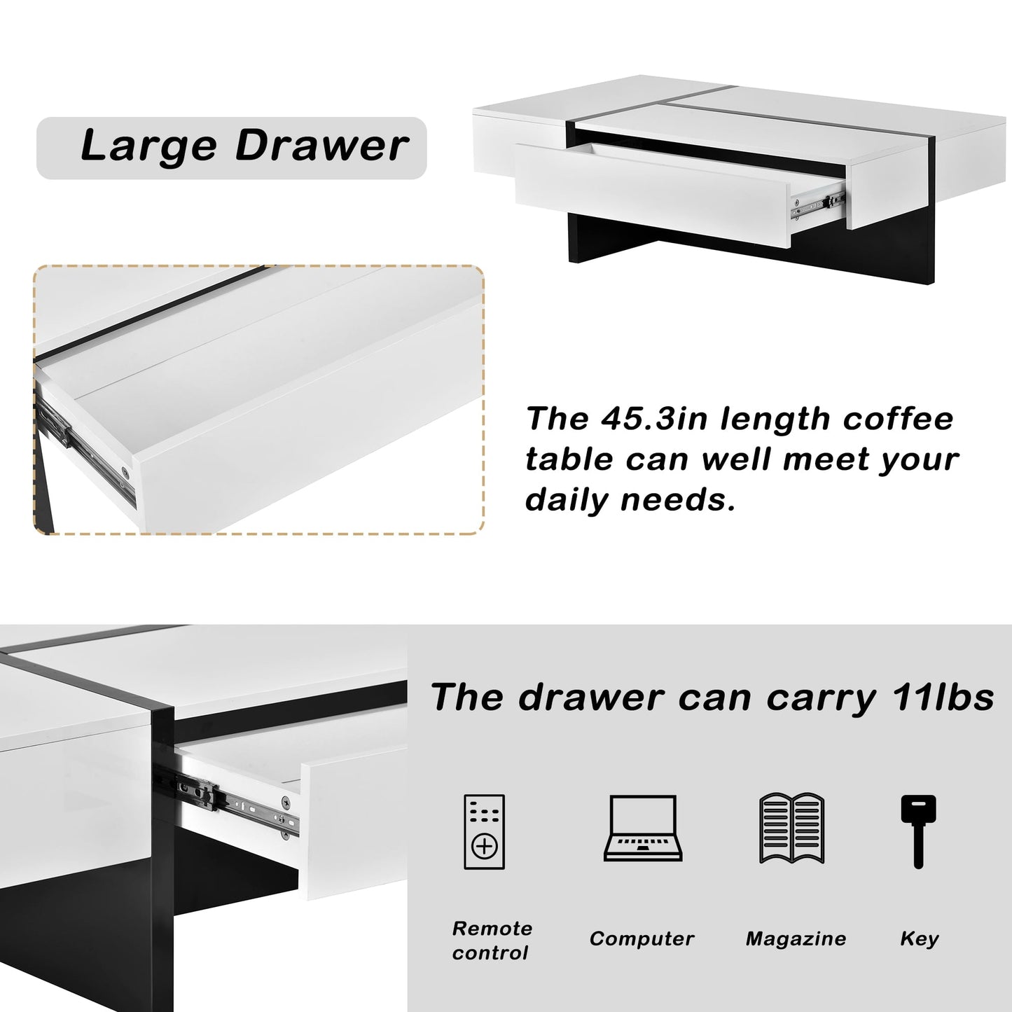 Dovelina Contemporary Rectangle Coffee Table with High Gloss Surface, Modern Center Table for Sofa or Upholstered Chairs, 45.2" x 25.5" x 13.7", White