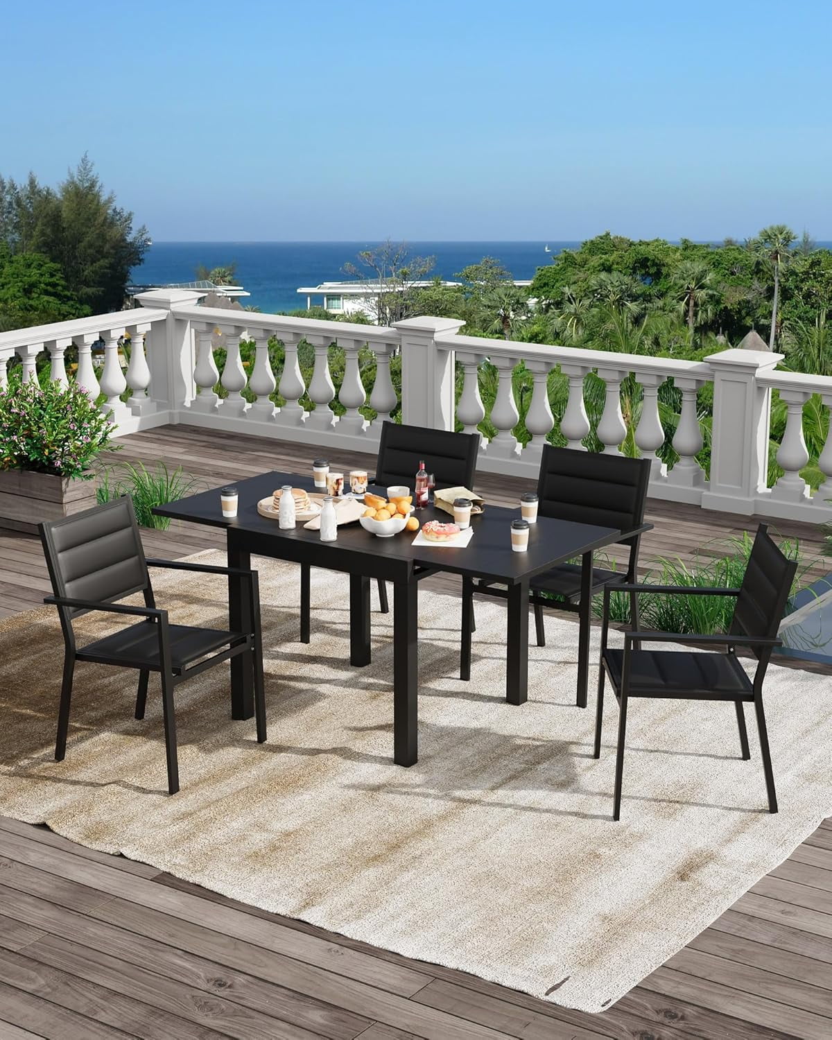 Expandable Outdoor Dining Table – 31"-63" Adjustable Patio Table for 4-6 People, Aluminum Frame with Wood Grain Finish, Ideal for Backyard and Deck, Grey