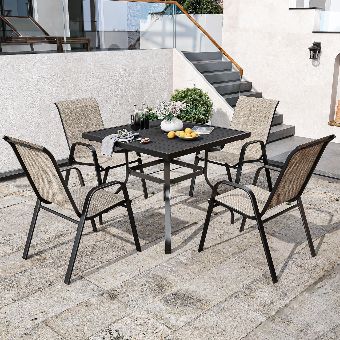 CHINNLUU Patio Dining Chairs Set of 4 Outdoor Stackable Dining Chairs for All Weather 330lbs Capacity Heavy Duty Metal Frame Patio Furniture for Backyard Garden Poolside (Brown)